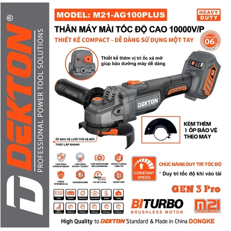 Combo máy mài góc dùng pin 21V Dekton M21-AG100PLUS (1 máy +2 pin 4.0 M21-B4085PLUS + 1 SẠC 2.5A : M