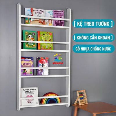 Kệ Sách Treo Tường Không Khoan Bằng Gỗ Nhựa Trắng Không Thấm Nước Chống Ẩm Mốc An Toàn Cho Bé