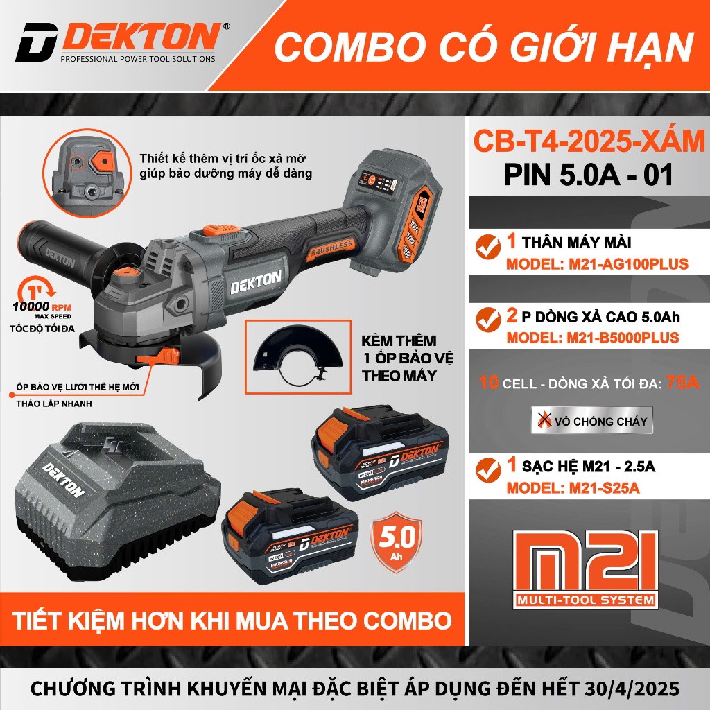 Combo máy mài góc dùng pin 21V Dekton M21-AG100PLUS (1 máy +2 pin 5.0 M21-B5000PLUS + 1 SẠC 2.5A : M