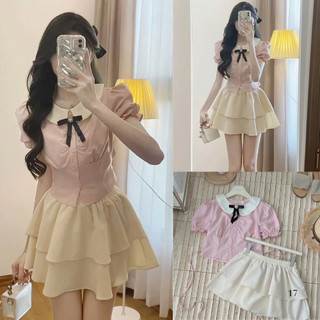  Set áo sơ mi trắng hồng chiết eo tiểu thư Set áo hồng kèm chân váy 2 tầng kèm nơ tiểu thư nhẹ nhàng 