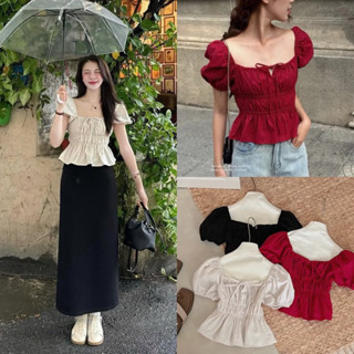 (BẢN PREMIUM) Áo babydoll linen kiểu xinh tay phồng tiểu thư công chúa bo thân nơ coquette ngực xinh xắn Kimee