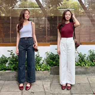 [Hàng Cao Cấp] Quần Jean Suông Túi Vuông Túi Trước LEDA Quần Bò Ống Suông Nữ Xanh Đậm, Trắng Quần Ống Rộng Nấm Lùn