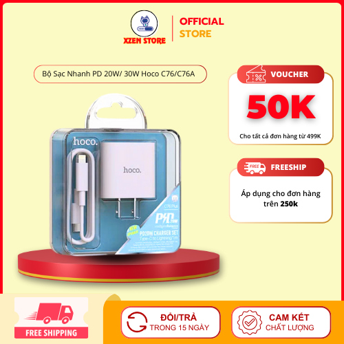 Bộ Sạc Nhanh PD 20W/ 30W Cho 8/8P X/Xs 11/12/ 13/14 Pro/ProMax Hoco C76/C76A Plus Chuẩn Type-C