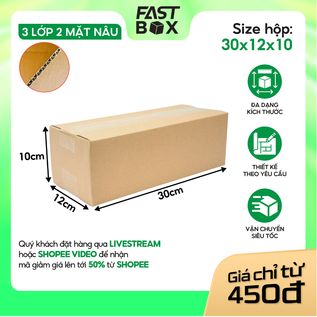 30x12x10 Combo 10 Hộp carton đóng gói hàng size vừa giá rẻ, hộp giấy thùng đóng hàng_FASTBOX