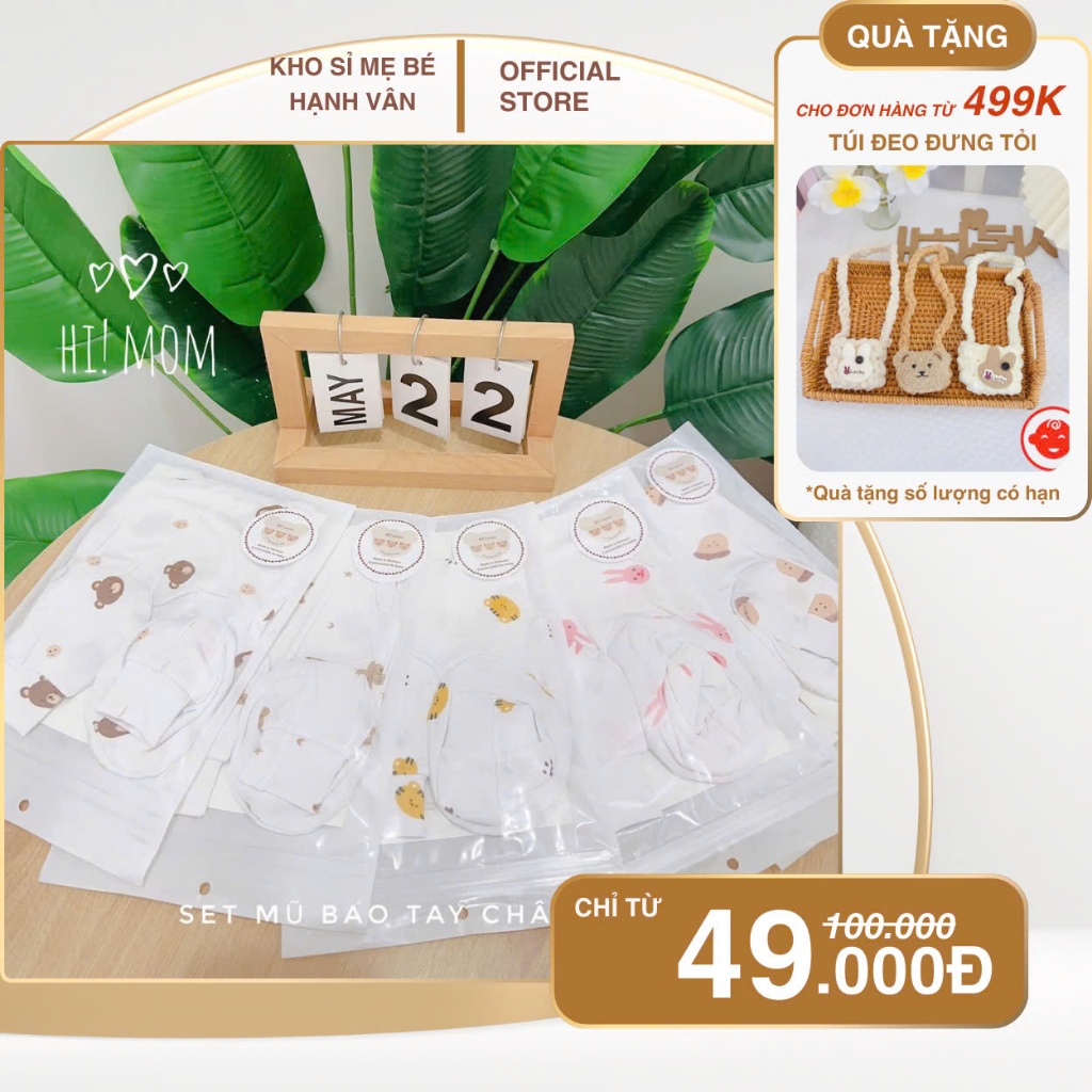 Set bao tay, bao chân kèm mũ Hi Mom, BOONA cho bé sơ sinh chất liệu petit co giãn tốt, giữ ấm cho bé
