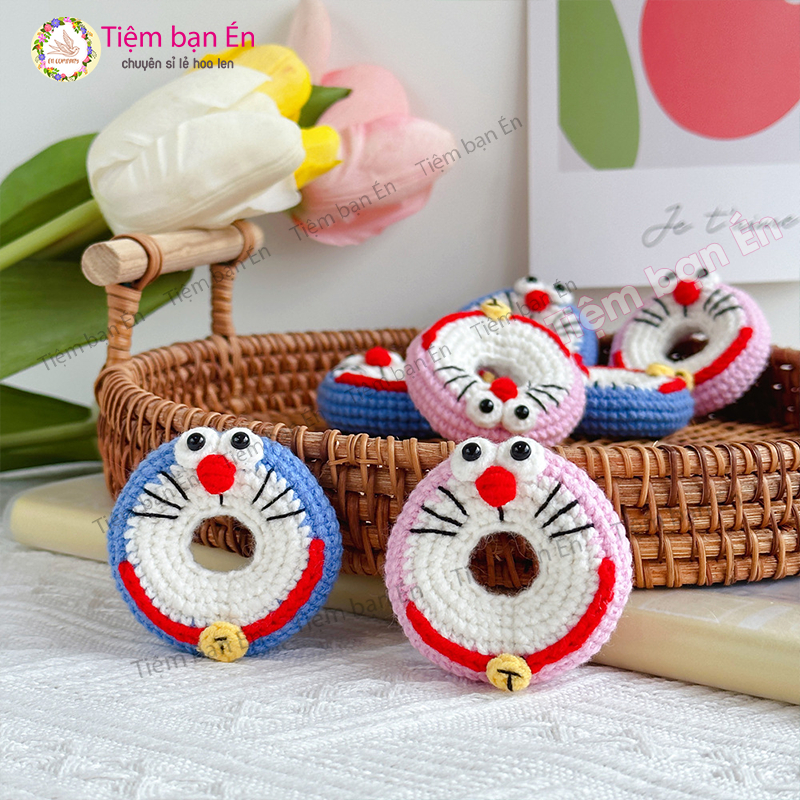 Donut Móc Len Doraemon, Móc Khoá Móc Len Donut, Móc Khoá Len Doremon