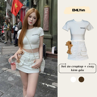 EMLYvn - Set Áo Croptop Và Chân Váy Kaki Túi Hộp Kèm Gấu, Set Đồ Nữ Hàn Quốc Dễ Thương Đi chơi Dạo Phố