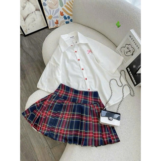 Set Bộ Áo Sơ Mi Tay Ngắn Thêu Nơ + Chân Váy Caro Đỏ Xanh Xếp Ly Có T