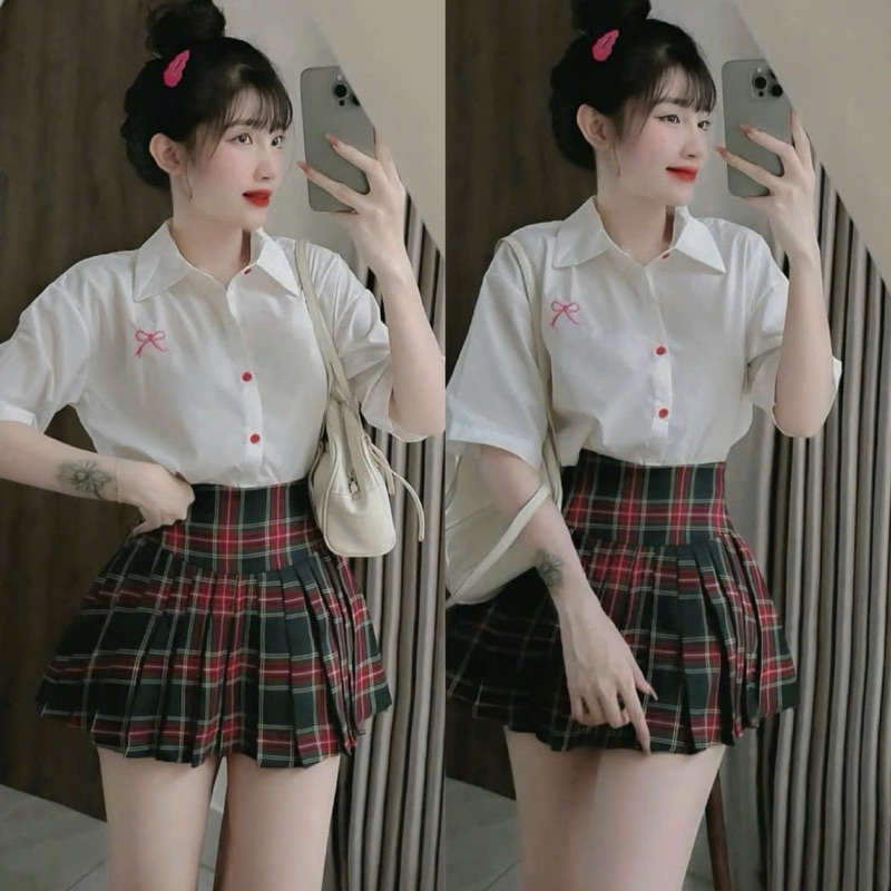 Set Bộ Áo Sơ Mi Tay Ngắn Thêu Nơ + Chân Váy Caro Đỏ Xanh Xếp Ly Có T