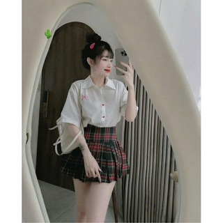 Set Bộ Áo Sơ Mi Tay Ngắn Thêu Nơ + Chân Váy Caro Đỏ Xanh Xếp Ly Có T