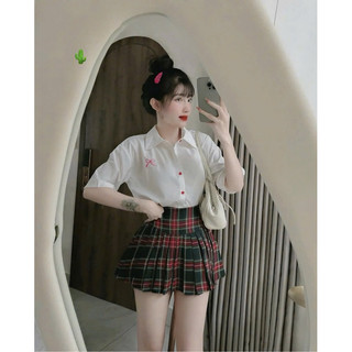 Set Bộ Áo Sơ Mi Tay Ngắn Thêu Nơ + Chân Váy Caro Đỏ Xanh Xếp Ly Có T