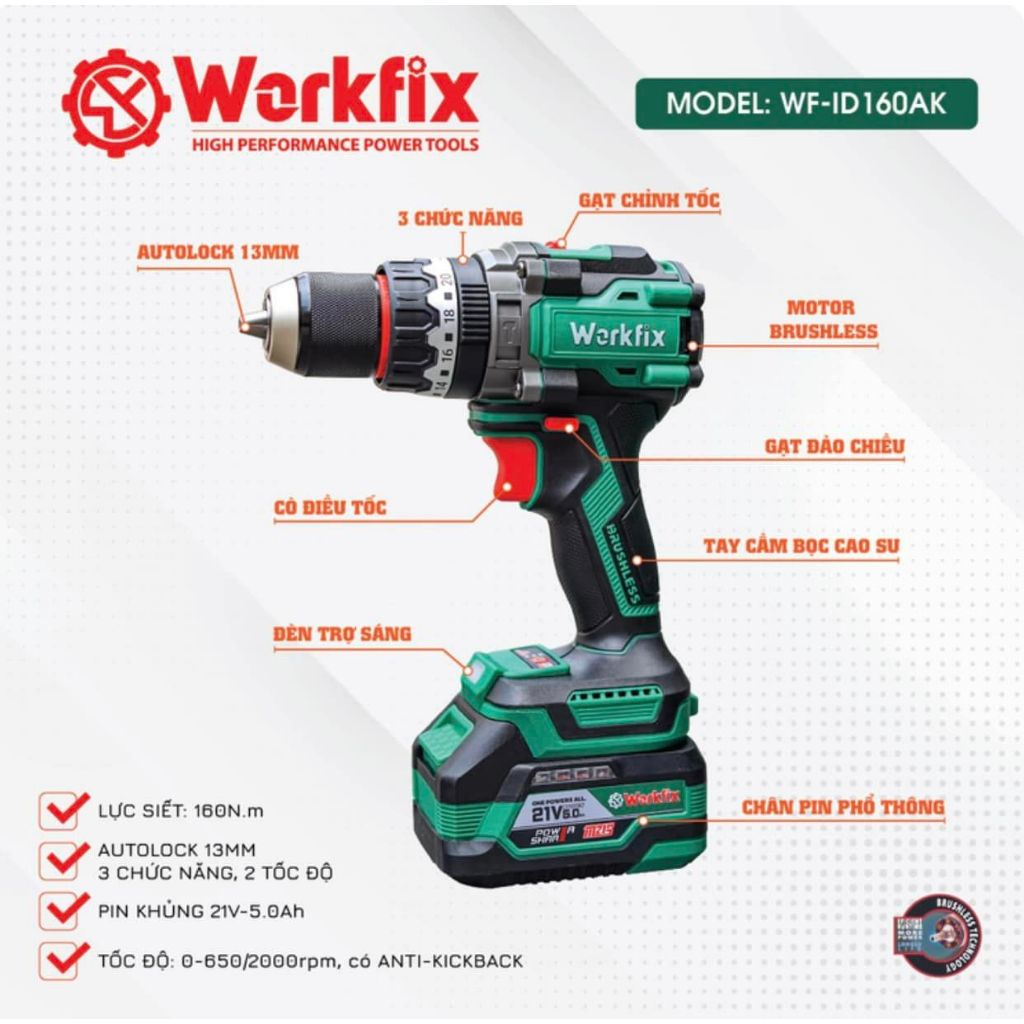 [NEW]-MÁY KHOAN 13MM WORKFIX-ID160AK LỰC XIẾT 160Nm,đầu kẹp 13mm