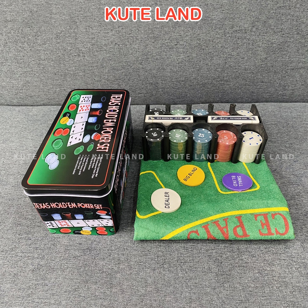 Bộ Phỉnh 100/200/300/500 Chip Poker có số hộp sắt cao cấp kèm thảm Texas Hold'em Blackjack Full hộp