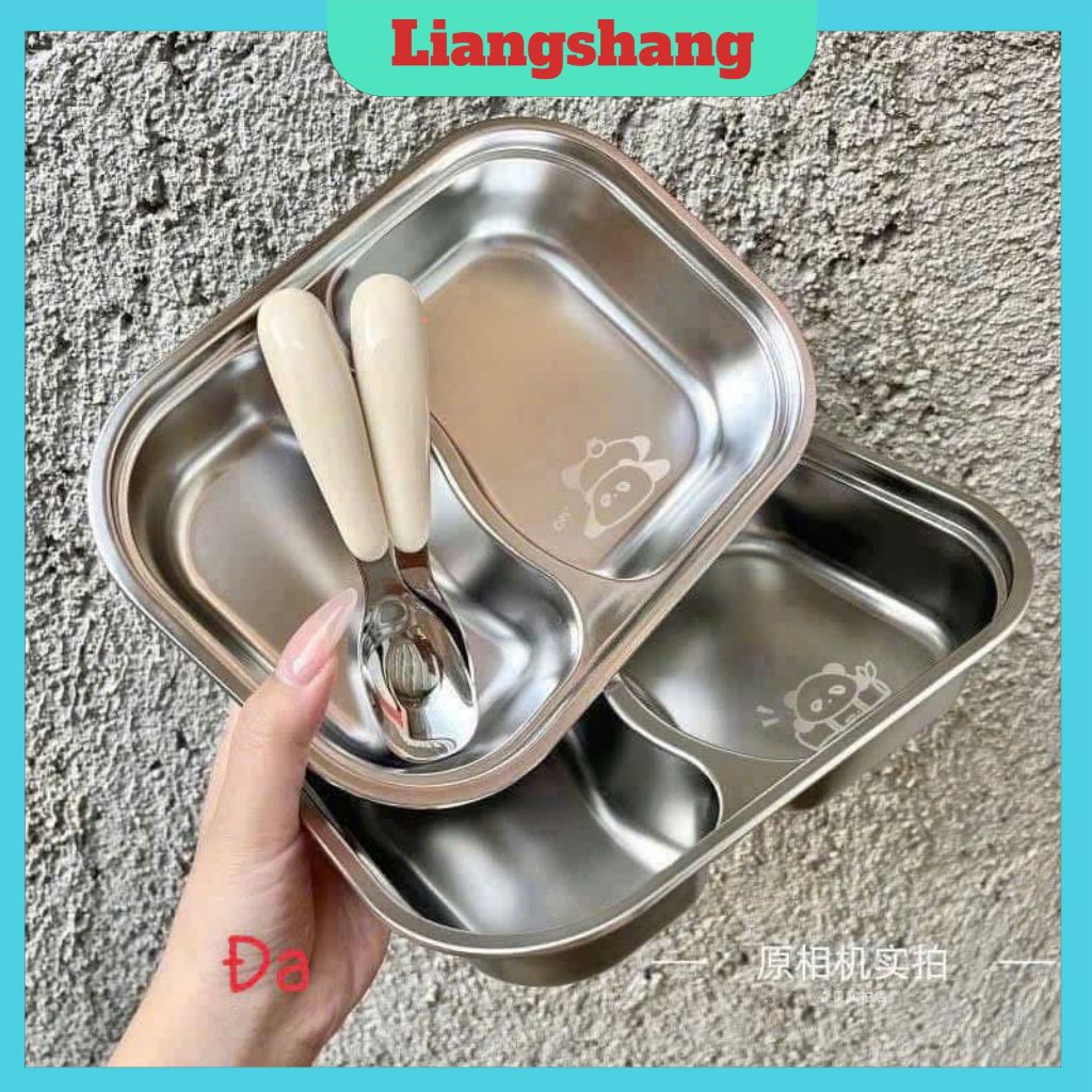 KHAY ĂN 2 NGĂN kèm thìa HÌNH THÚ -  Khay ăn dặm inox 304 Dễ THƯƠNG CHO CÁC BÉ an toàn, dễ vệ sinh, chống rơi vỡ.