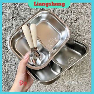 KHAY ĂN 2 NGĂN kèm thìa HÌNH THÚ -  Khay ăn dặm inox 304 Dễ THƯƠNG CHO CÁC BÉ an toàn, dễ vệ sinh, chống rơi vỡ.