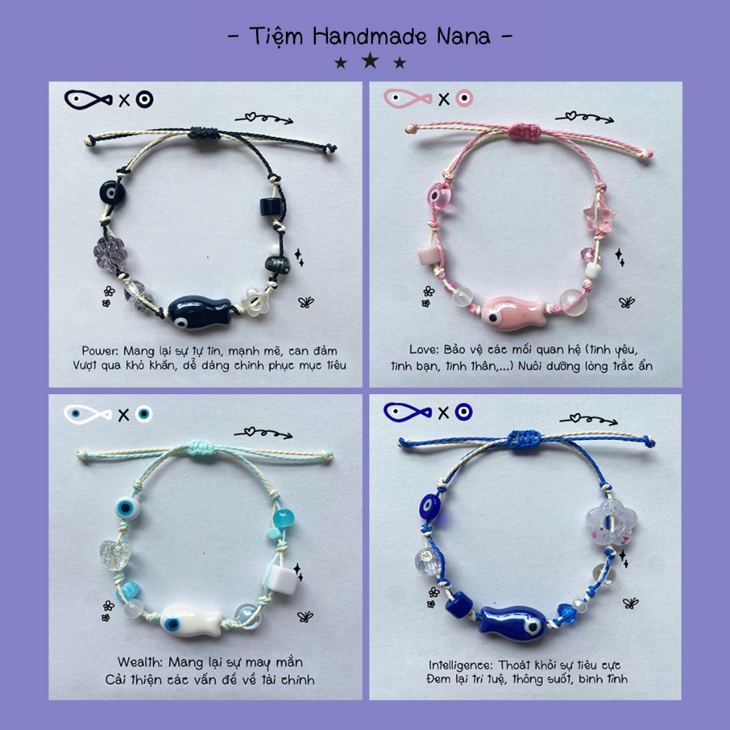 Vòng tay dây sáp mắt quỷ phối cá gốm - evil eye mix evil eye fish, vòng tay nhóm bạn, vòng tay đôi