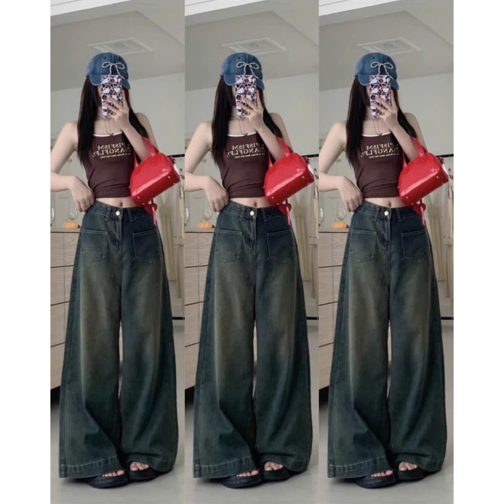 Quần jean bò Thêu, form NẤM LÙN ống rộng xuông nữ jeans cạp cao phong cách Hàn Quốc 2025
