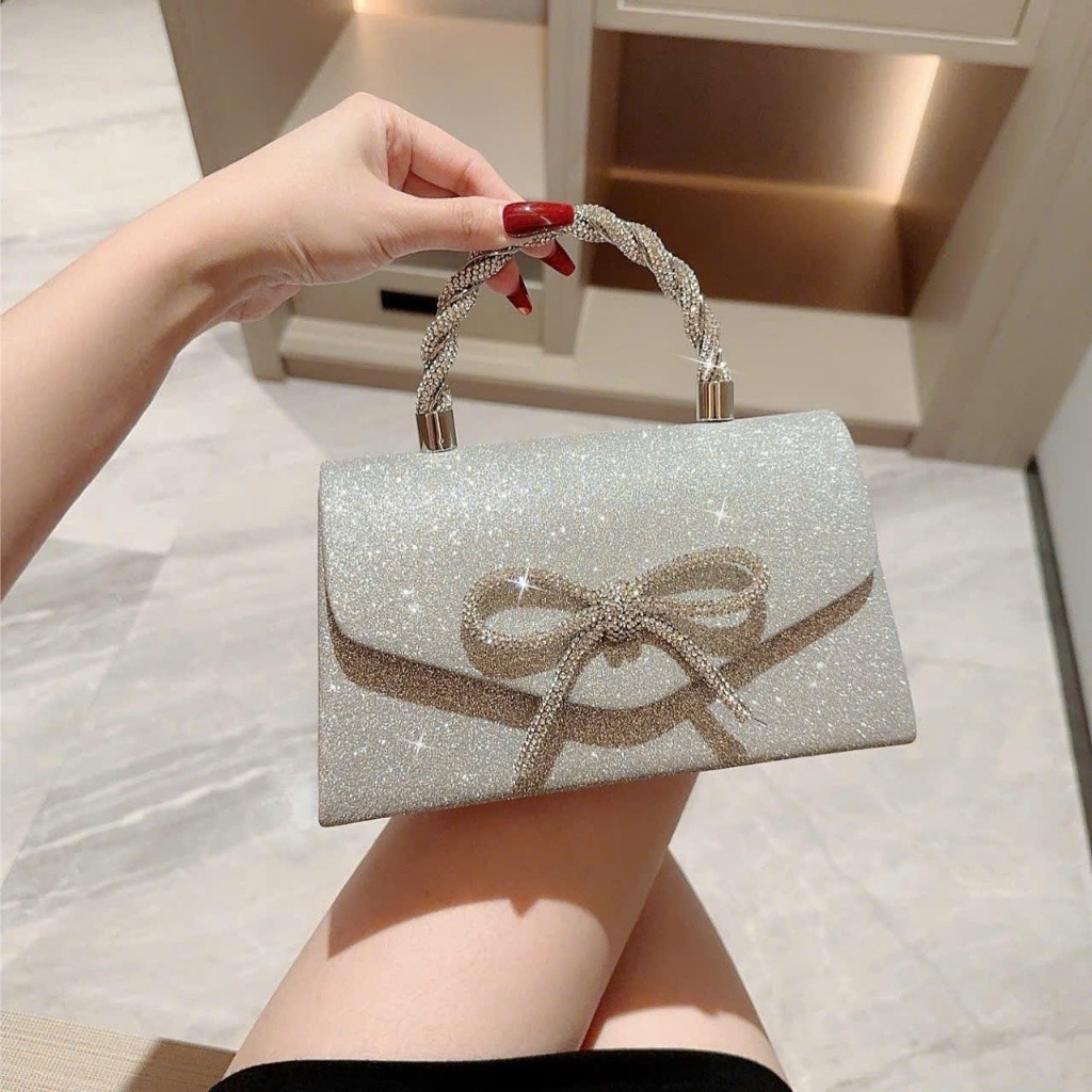 Túi xác nữ đi tiệc cưới đi chơi sang chảnh đính nơ đá lấp lánh,đeo chéo,đeo vai có quai xách - HT089