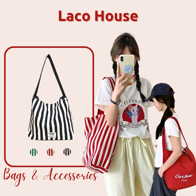 Túi tote 2 mặt 𝑹𝒐𝒔𝒕𝒐𝒓𝒚 𝑪𝒉𝒊𝒍𝒅 vải canvas kẻ sọc 🌷🫧✨ Túi đi biển nam nữ vải kẻ sọc T109