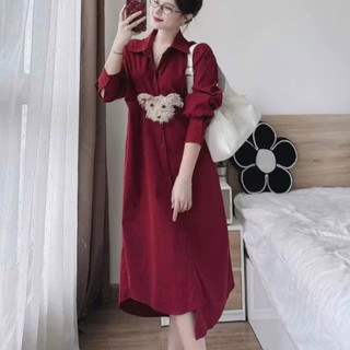 Đầm Sơ Mi GẤU ĐỎ Chất Thô Mềm Dáng Suông Sang Chảnh -Quần bầu lót lông siêu ấm