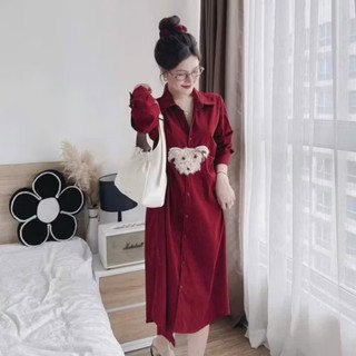 Đầm Sơ Mi GẤU ĐỎ Chất Thô Mềm Dáng Suông Sang Chảnh -Quần bầu lót lông siêu ấm