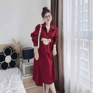 Đầm Sơ Mi GẤU ĐỎ Chất Thô Mềm Dáng Suông Sang Chảnh -Quần bầu lót lông siêu ấm