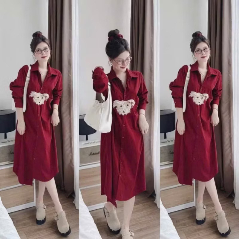 Đầm Sơ Mi GẤU ĐỎ Chất Thô Mềm Dáng Suông Sang Chảnh -Quần bầu lót lông siêu ấm