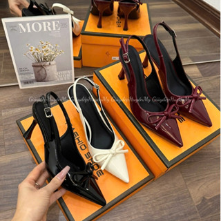 Giày cao gót 7p mũi nhọn phối nơ quai hậu chun cài khuy hàng cao cấp full hộp ( BD29 )