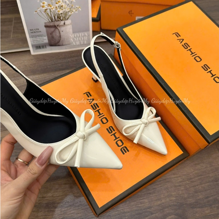 Giày cao gót 7p mũi nhọn phối nơ quai hậu chun cài khuy hàng cao cấp full hộp ( BD29 ) | BigBuy360 - bigbuy360.vn