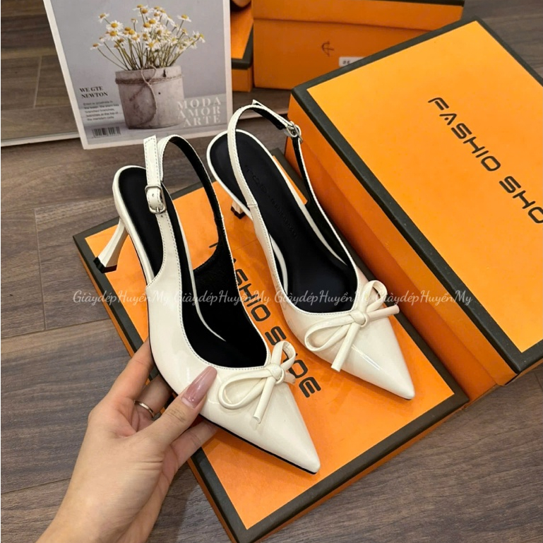 Giày cao gót 7p mũi nhọn phối nơ quai hậu chun cài khuy hàng cao cấp full hộp ( BD29 ) | BigBuy360 - bigbuy360.vn