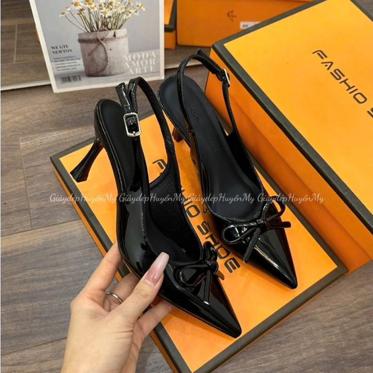 Giày cao gót 7p mũi nhọn phối nơ quai hậu chun cài khuy hàng cao cấp full hộp ( BD29 ) | BigBuy360 - bigbuy360.vn