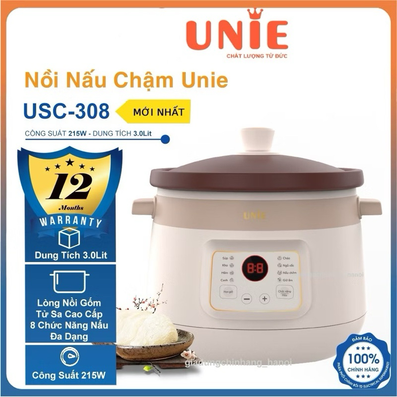 Nồi Nấu Chậm Unie USC308, Lòng Gốm Tử Sa 3.0Lit Cao Cấp, Giữ Chọn Hương Vị Dinh Dưỡng, Hàng Chính Hã