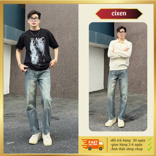  Quần jean nam ống suông màu Xanh wash xước phong cách basic Menswear Lưng cao quần bò nam dài streetwwear đủ size S-XXL 