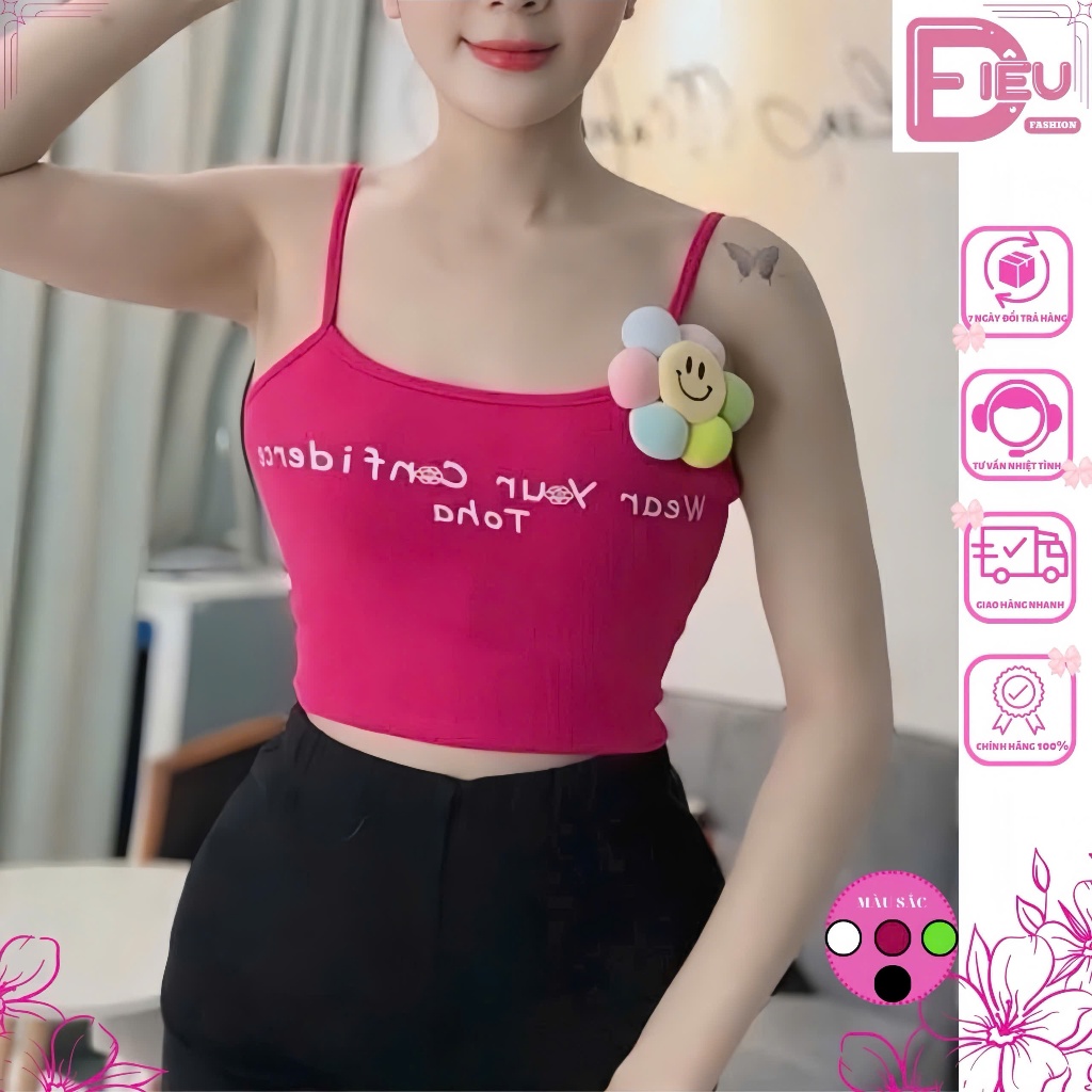 Áo 2 Dây Croptop Ôm Body In Chữ Kèm Khuyên Bông Hoa Cầu Vòng Điệu Fashion, Áo Hai Dây Sợi Nhỏ Borip 