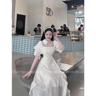 Đầm thời trang nữ mặc đi chơi chất liệu tơ xốp y mẫu cổ vuông cài hoa hồng tay ngắn 2 tần ôm eo xoè đuôi cá
