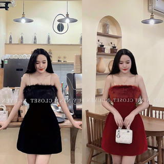 Đầm xô lông 2dây kiểu thời trang nữ mặc đi chơi chất liệu Nhung trễ vai có mút ngực ôm eo xoè chữ A
