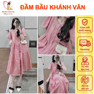 Váy đầm bầu Babydoll Kẻ Hồng Cầu Vồng + Chất Đũi Xốp, váy bầu suông dáng dài