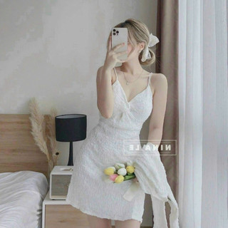 Đầm thời trang nữ đi chơi năng động chất xốp gạo cổ dây không tay kèm áo khoác có lót có mút váy xoè dài mini