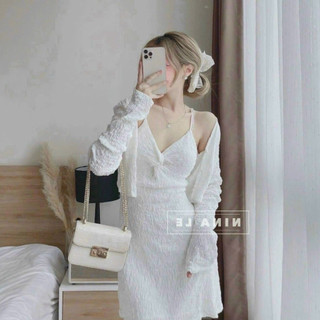 Đầm thời trang nữ đi chơi năng động chất xốp gạo cổ dây không tay kèm áo khoác có lót có mút váy xoè dài mini