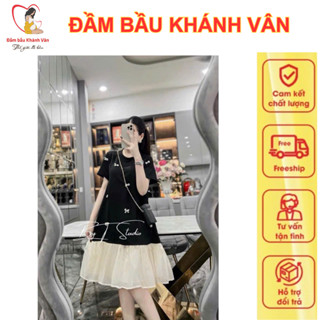 Váy Bầu Đầm Bầu Nơ Xinh Dáng Xuống Phối Chân Váy Pha Voan Tơ Bồng Bềnh Tay Ngắn, Váy BầuTiểu Thư Siêu Xinh V65