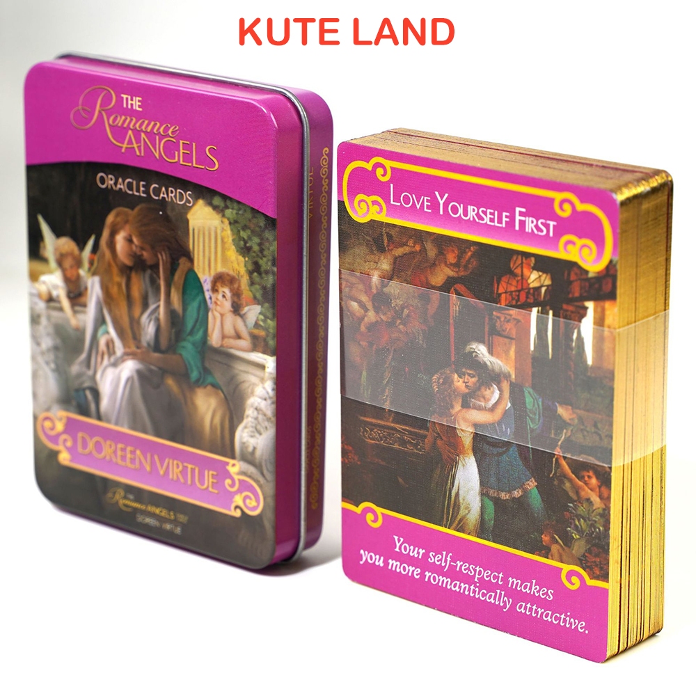 [Mạ Cạnh] Bộ Bài Romance Angels Oracle Hộp Thiếc Mạ Cạnh Vàng 44 Lá Tặng File Tiếng Anh Và Đá Thanh 