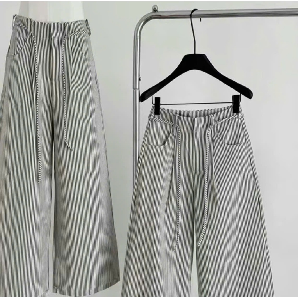 Quần Kẻ Sọc Nữ Mix Dây Eo (Chất Kaki Jean) Dày Dặn Lưng Cao Tôn Dáng Mặc Thoải Mái