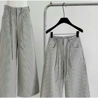 Quần Kẻ Sọc Nữ Mix Dây Eo (Chất Kaki Jean) Dày Dặn Lưng Cao Tôn Dáng Mặc Thoải Mái