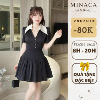 Váy Nữ Thiết Kế Xoè MINACA Phối Cổ Chữ V Tiểu Thư Sang Chảnh Đầm Dự Tiệc Cổ Sơ Mi Dáng Ngắn V256