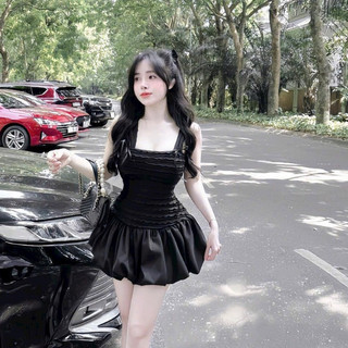 Đầm thời trang nữ dự tiệc sang trọng chất manggo ren thun đầm 2 dây bo eo dáng chữ A dài mini