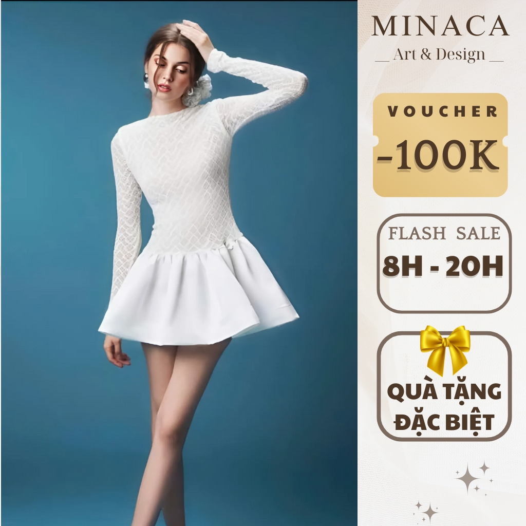 Váy Ren Body Dáng Ngắn MINACA Ôm Phối Chân Váy Xòe Đầm Thiết Kế Tay Dài Dự Tiệc Đi Chơi Hẹn Hò V297