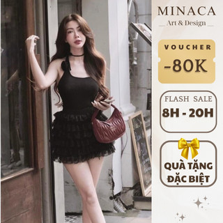  Set đồ nữ áo yếm 2 dây MINACA kèm hoa phối chân váy ren dáng xoè tầng thiết kế đi biển S79 