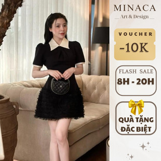 Váy nữ thiết kế MINACA cộc tay cổ sơ mi chất tuyết mưa đầm dự tiệc bèo sóng tiểu thư V252