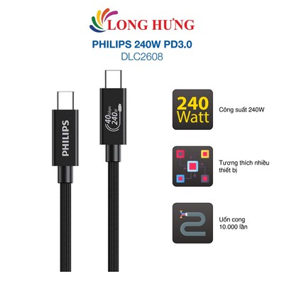 Cáp USB Type-C to Type-C Philips 240W PD3.0 DLC2608 - Hàng chính hãng