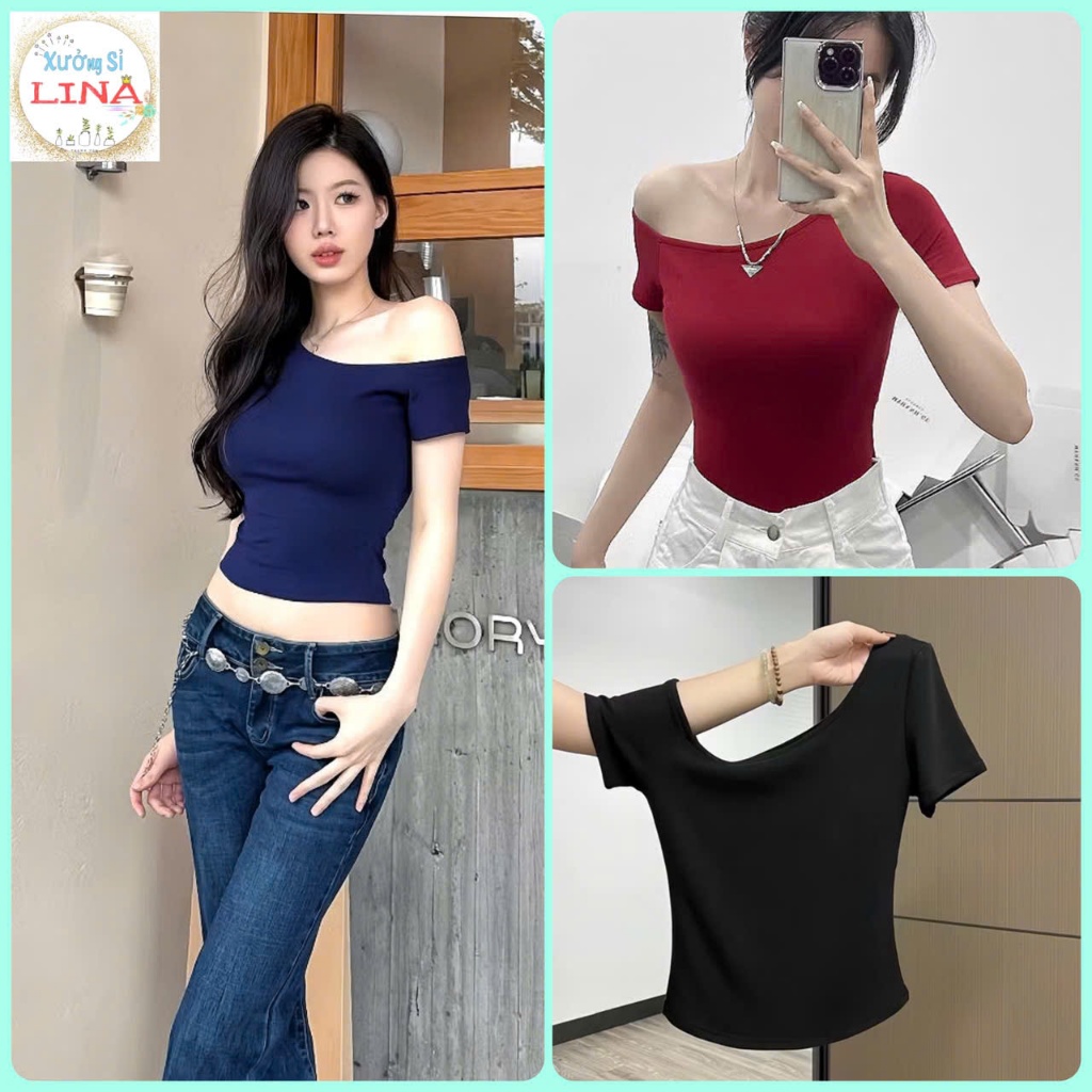 [ Được Đồng Kiểm] Áo Thun Ngắn Tay Lệch Vai Form Ôm  Dành Cho Nữ Mùa Hè Phong Cách Mới 2025